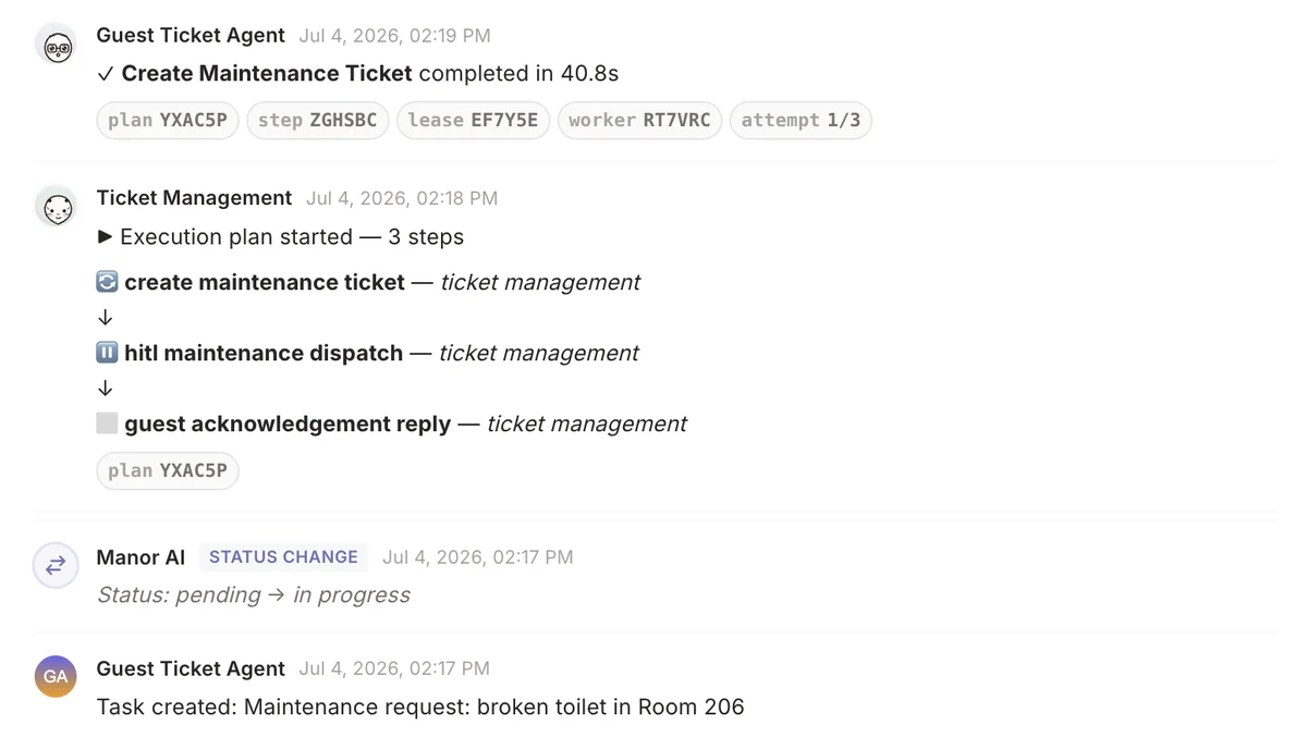 The workspace activity log: every plan, step and status change is recorded, so you can check what an agent did