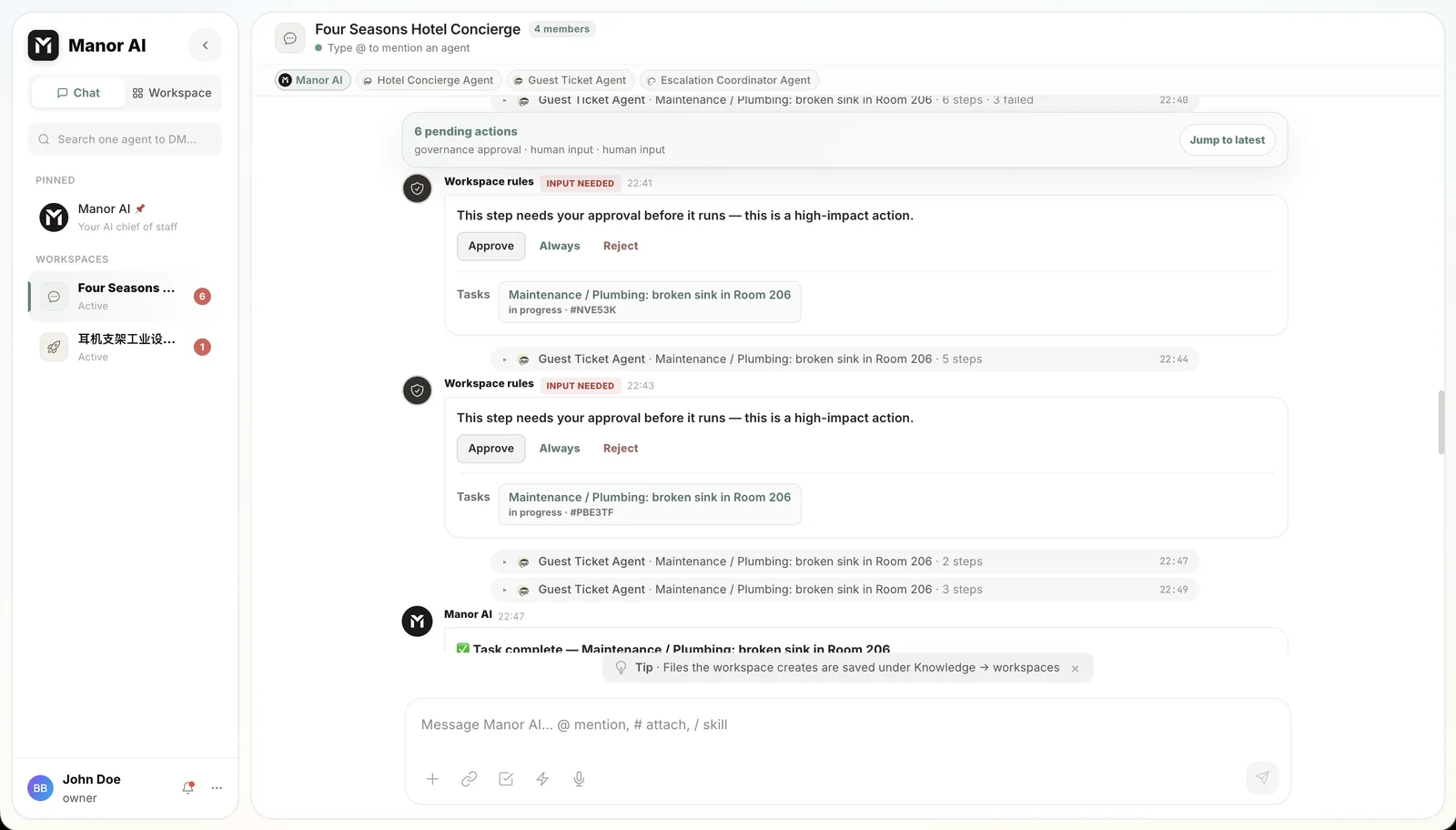 A Manor workspace: agents post progress, open tasks and ask for approval in one shared conversation
